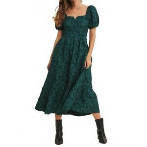 NEW IN FEBRUARY timeless elegance floral jackerd puff sleeve midi dress in fores